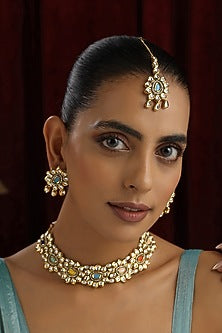 Gold Finish Multi-Colored Kundan Polki Handmade Choker Necklace Set