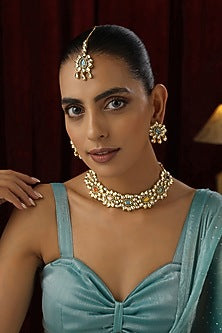 Gold Finish Multi-Colored Kundan Polki Handmade Choker Necklace Set