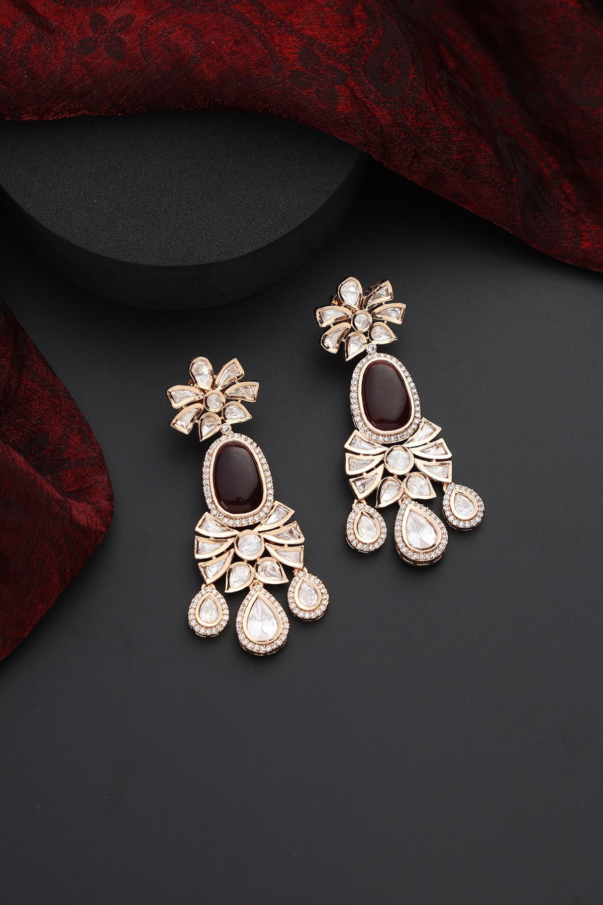 Rose Gold Finish Red Kundan Polki Handmade Dangler Earrings