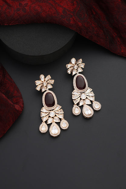 Rose Gold Finish Red Kundan Polki Handmade Dangler Earrings