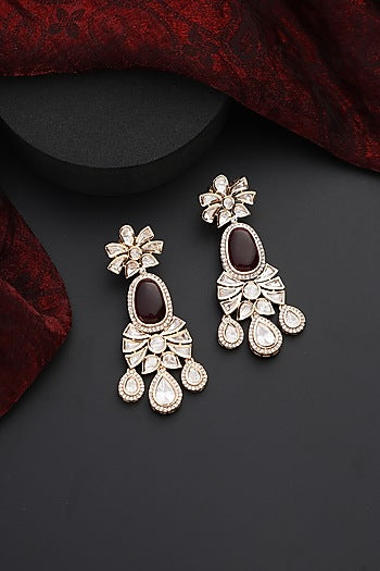 Rose Gold Finish Red Kundan Polki Handmade Dangler Earrings