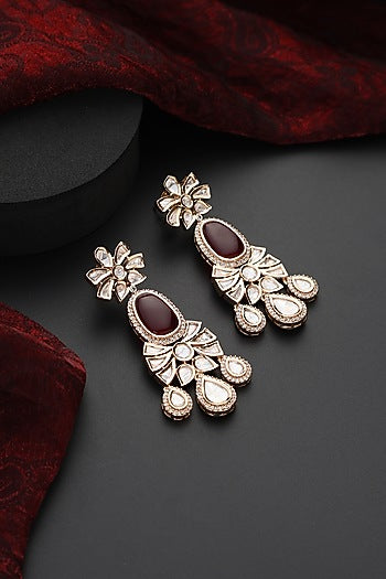Rose Gold Finish Red Kundan Polki Handmade Dangler Earrings