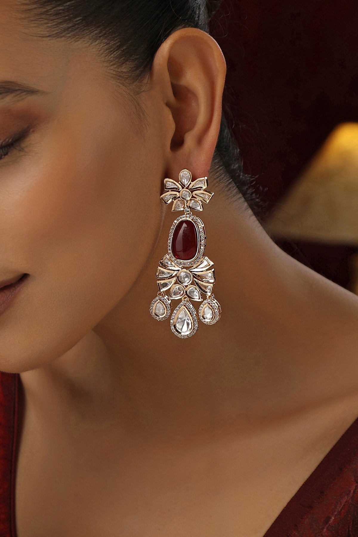 Rose Gold Finish Red Kundan Polki Handmade Dangler Earrings