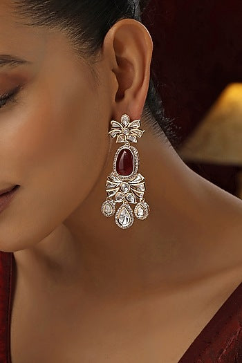 Rose Gold Finish Red Kundan Polki Handmade Dangler Earrings