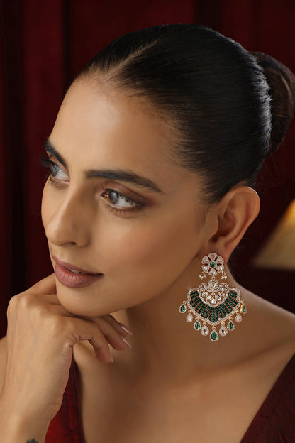 Rose Gold Finish Green Kundan Polki Handmade Chandbali Earrings