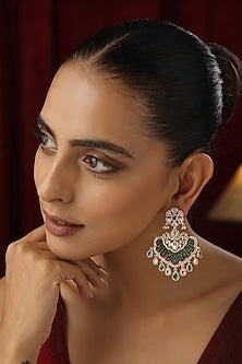 Rose Gold Finish Green Kundan Polki Handmade Chandbali Earrings