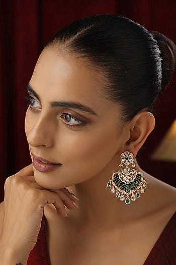 Rose Gold Finish Green Kundan Polki Handmade Chandbali Earrings