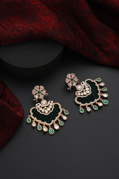 Rose Gold Finish Green Kundan Polki Handmade Chandbali Earrings