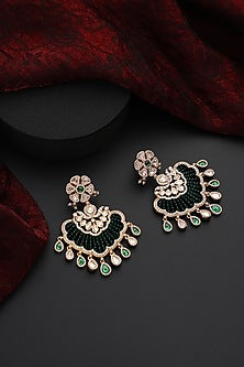 Rose Gold Finish Green Kundan Polki Handmade Chandbali Earrings