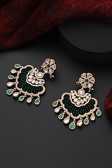 Rose Gold Finish Green Kundan Polki Handmade Chandbali Earrings