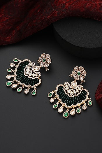 Rose Gold Finish Green Kundan Polki Handmade Chandbali Earrings