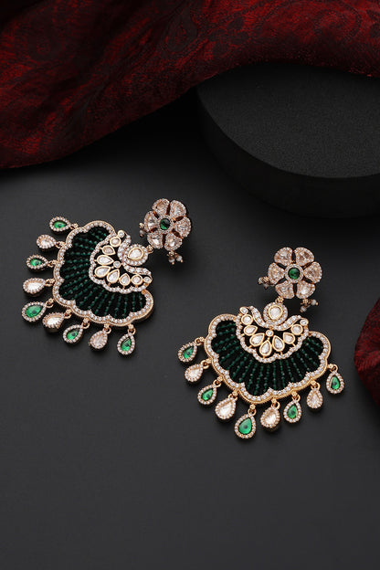 Rose Gold Finish Green Kundan Polki Handmade Chandbali Earrings