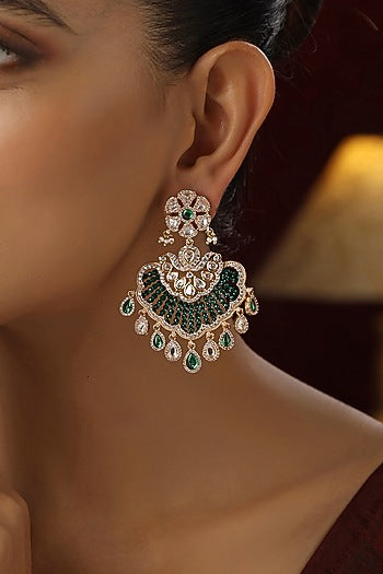 Rose Gold Finish Green Kundan Polki Handmade Chandbali Earrings