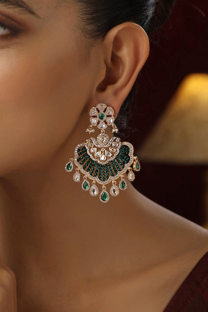 Rose Gold Finish Green Kundan Polki Handmade Chandbali Earrings