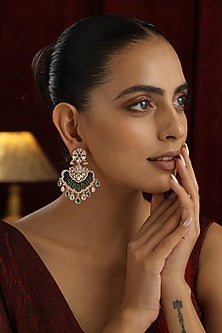 Rose Gold Finish Green Kundan Polki Handmade Chandbali Earrings