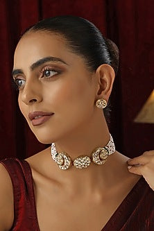 Gold Finish Kundan Polki Handmade Choker Necklace Set