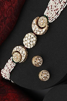 Gold Finish Kundan Polki Handmade Choker Necklace Set
