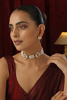 Gold Finish Kundan Polki Handmade Choker Necklace Set