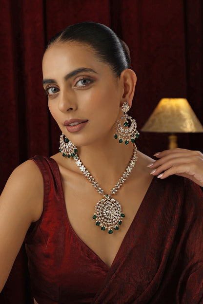 Rose Gold Finish Green Kundan Polki Handmade Long Necklace Set
