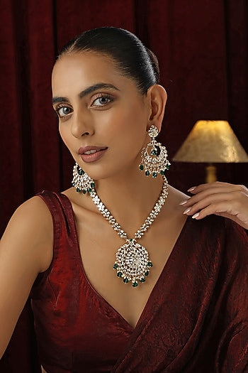 Rose Gold Finish Green Kundan Polki Handmade Long Necklace Set