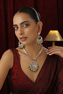 Rose Gold Finish Green Kundan Polki Handmade Long Necklace Set
