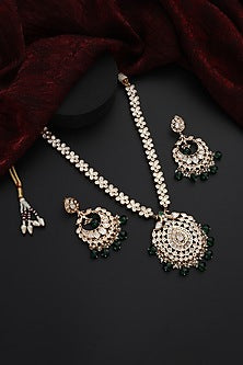 Rose Gold Finish Green Kundan Polki Handmade Long Necklace Set