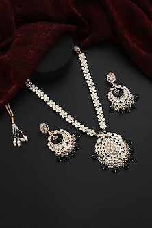 Rose Gold Finish Green Kundan Polki Handmade Long Necklace Set