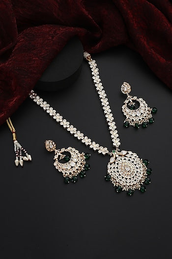 Rose Gold Finish Green Kundan Polki Handmade Long Necklace Set