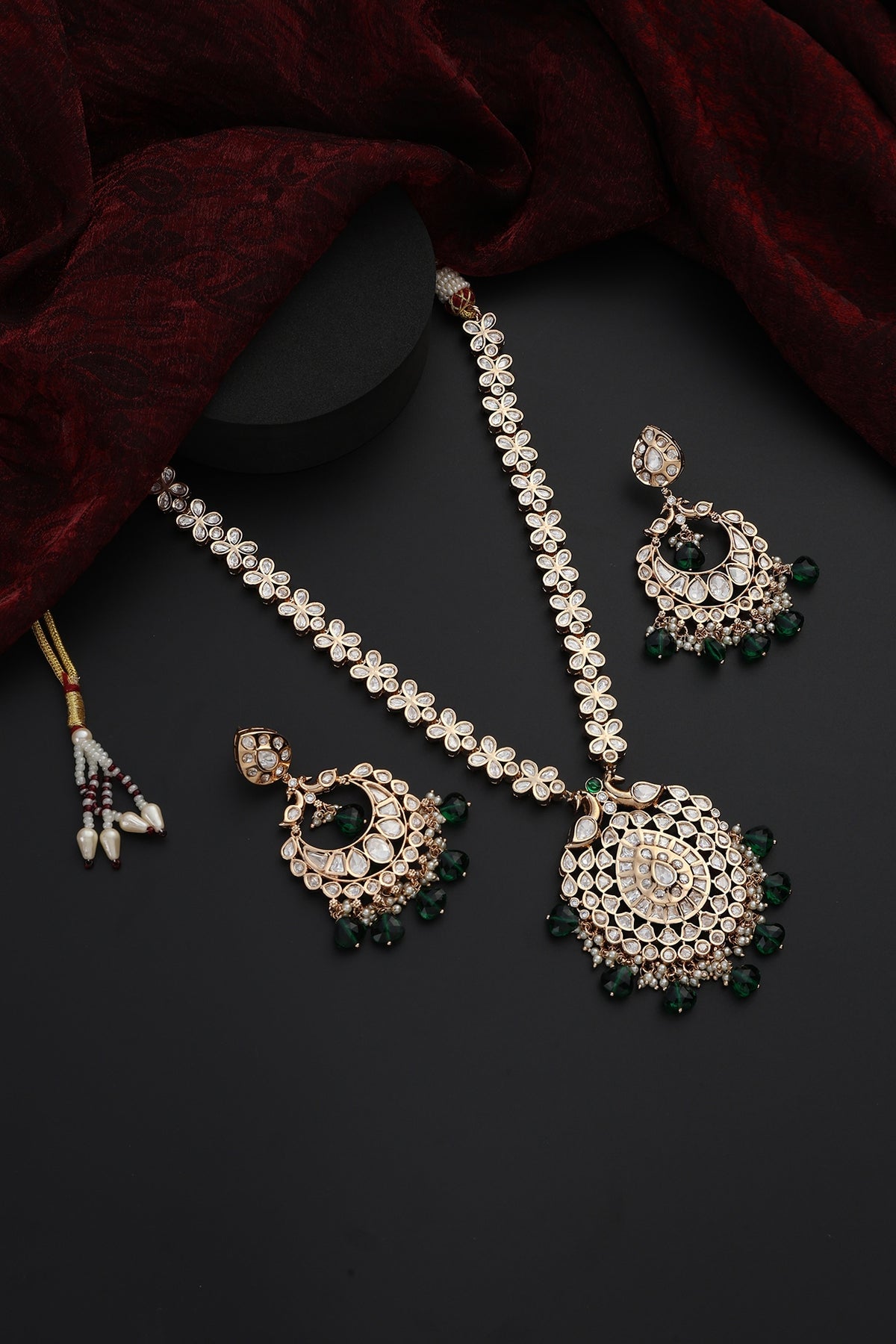Rose Gold Finish Green Kundan Polki Handmade Long Necklace Set