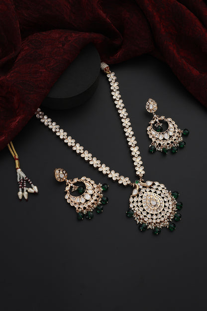Rose Gold Finish Green Kundan Polki Handmade Long Necklace Set