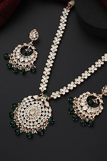 Rose Gold Finish Green Kundan Polki Handmade Long Necklace Set