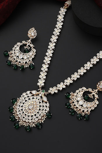 Rose Gold Finish Green Kundan Polki Handmade Long Necklace Set