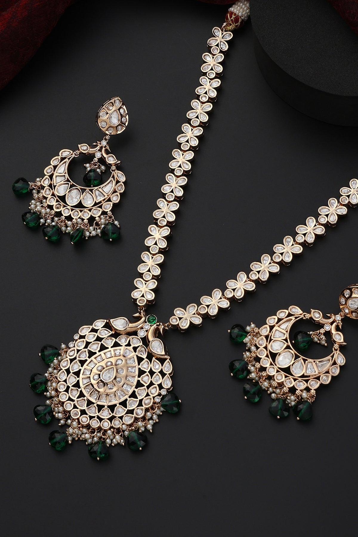 Rose Gold Finish Green Kundan Polki Handmade Long Necklace Set