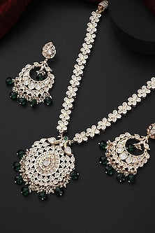 Rose Gold Finish Green Kundan Polki Handmade Long Necklace Set
