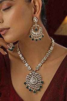 Rose Gold Finish Green Kundan Polki Handmade Long Necklace Set