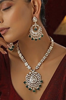 Rose Gold Finish Green Kundan Polki Handmade Long Necklace Set