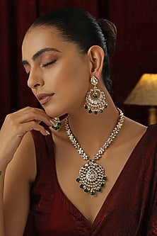 Rose Gold Finish Green Kundan Polki Handmade Long Necklace Set