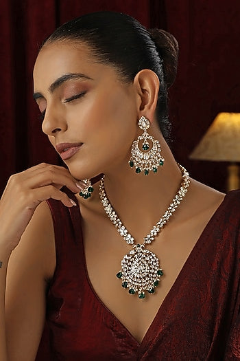 Rose Gold Finish Green Kundan Polki Handmade Long Necklace Set