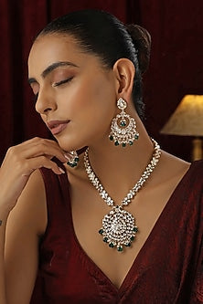 Rose Gold Finish Green Kundan Polki Handmade Long Necklace Set