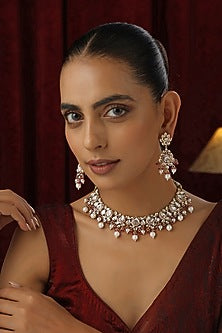 Rose Gold Finish Red Kundan Polki Handmade Choker Necklace Set