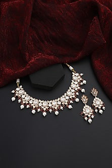 Rose Gold Finish Red Kundan Polki Handmade Choker Necklace Set