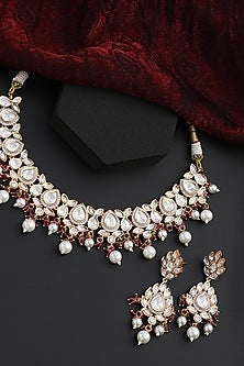 Rose Gold Finish Red Kundan Polki Handmade Choker Necklace Set