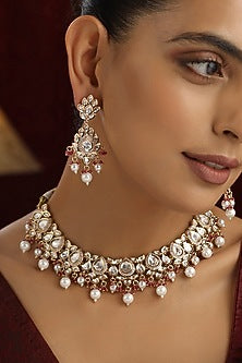 Rose Gold Finish Red Kundan Polki Handmade Choker Necklace Set