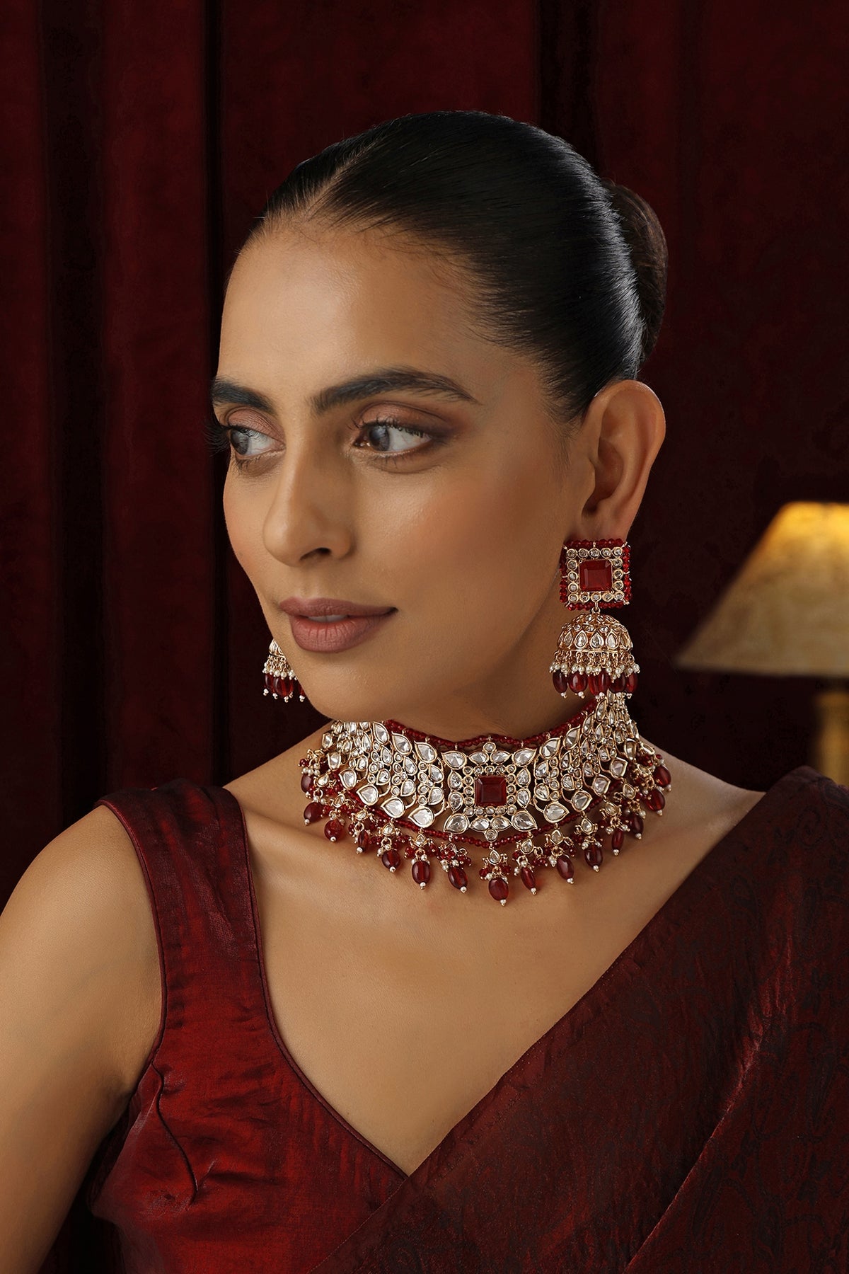 Rose Gold Finish Red Kundan Polki Handmade Choker Necklace Set