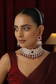 Rose Gold Finish Red Kundan Polki Handmade Choker Necklace Set