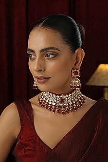 Rose Gold Finish Red Kundan Polki Handmade Choker Necklace Set