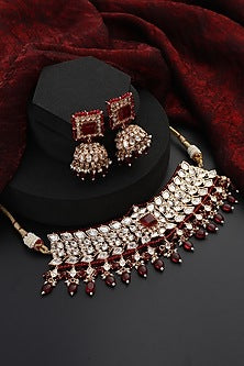 Rose Gold Finish Red Kundan Polki Handmade Choker Necklace Set