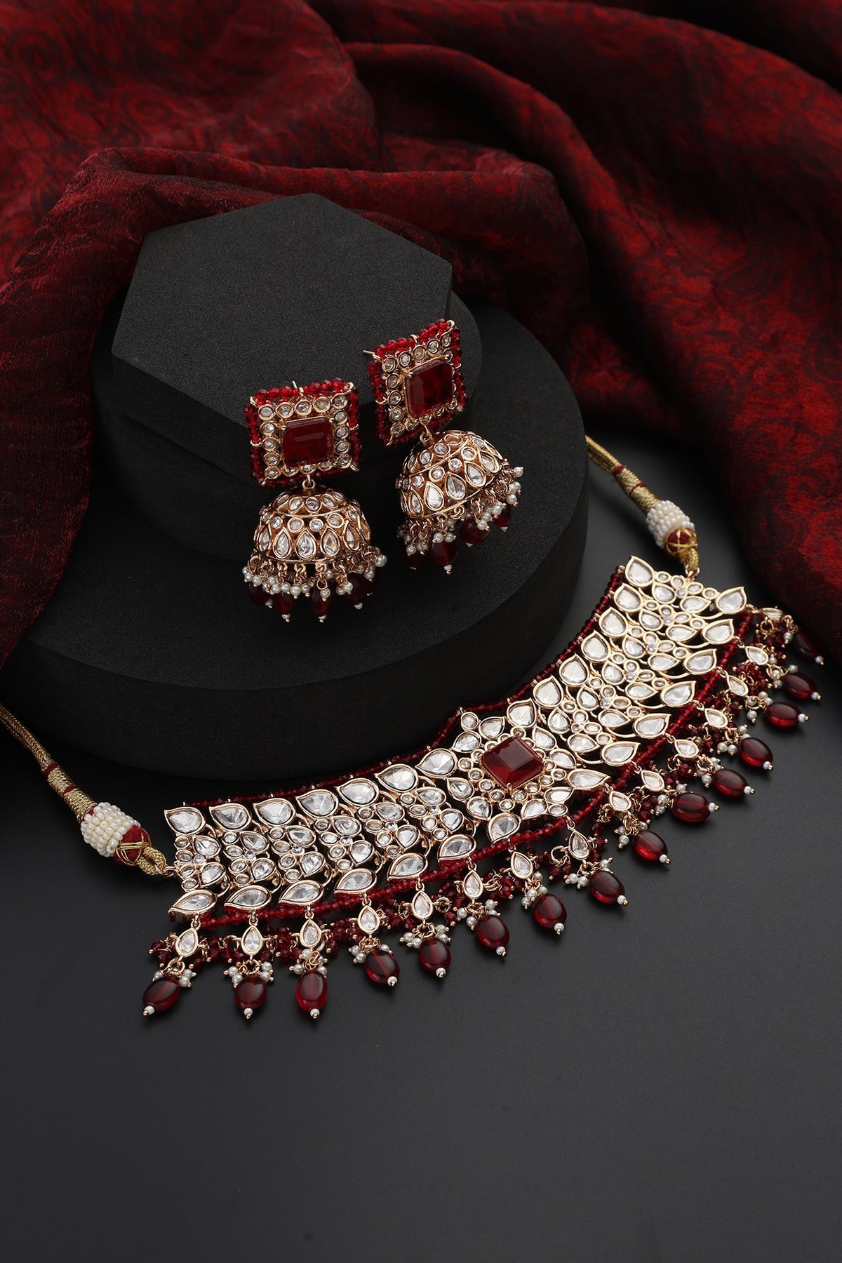 Rose Gold Finish Red Kundan Polki Handmade Choker Necklace Set