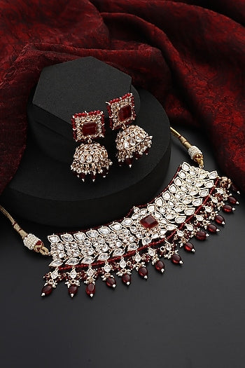 Rose Gold Finish Red Kundan Polki Handmade Choker Necklace Set