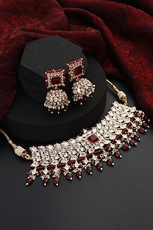 Rose Gold Finish Red Kundan Polki Handmade Choker Necklace Set
